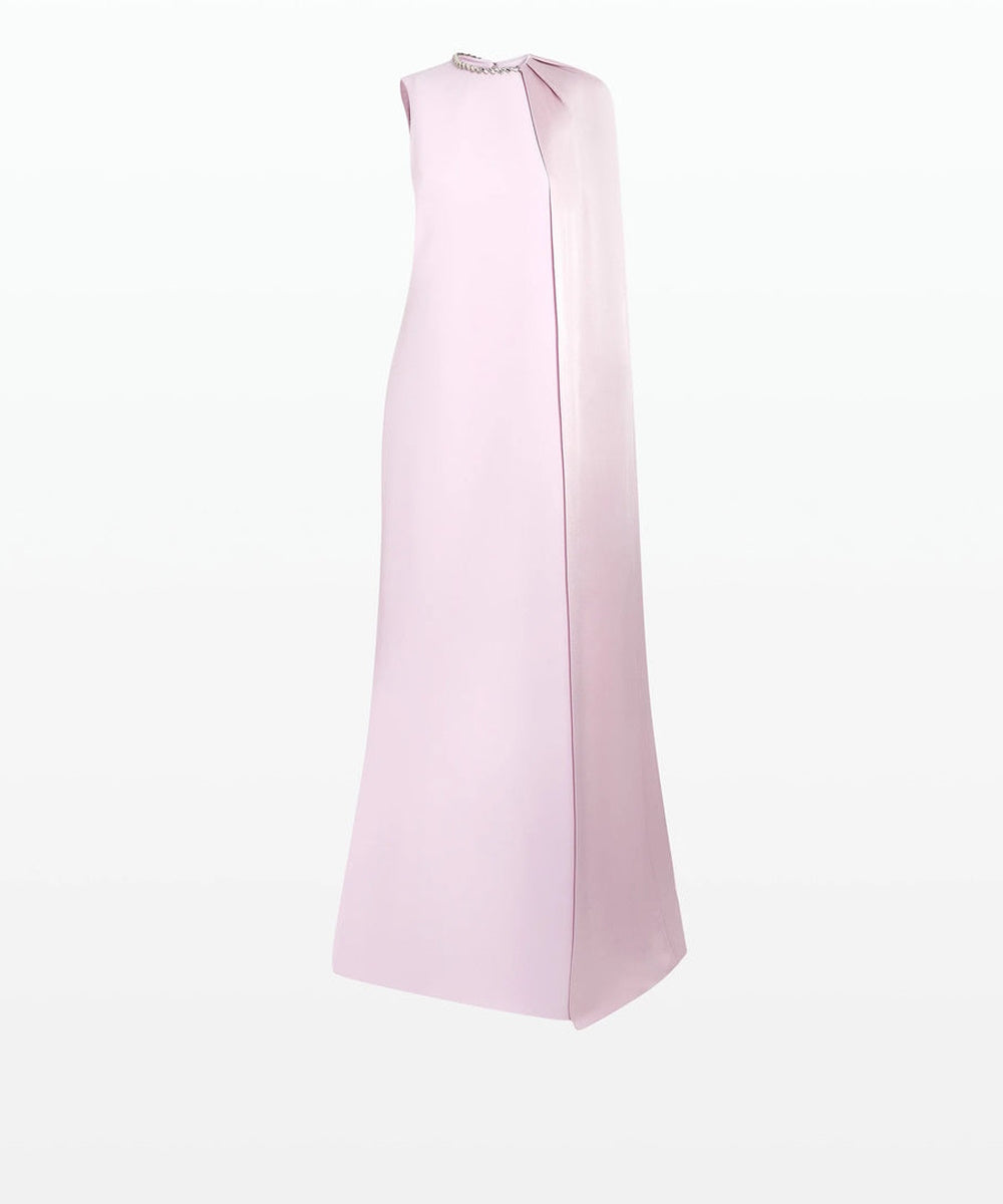 Blush Pink Sleeveless Crystal Neck Draped Satin Cape Column Maxi Evening Gown