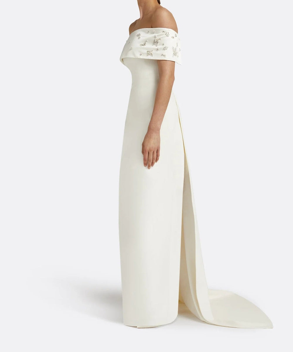 Ivory Off The Shoulder Pearl Floral Beaded Mermaid Wedding Gown With Side Train