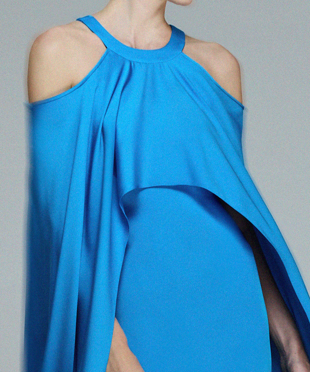 Bright Blue Halter Cold Shoulder Cape Satin Evening Gown