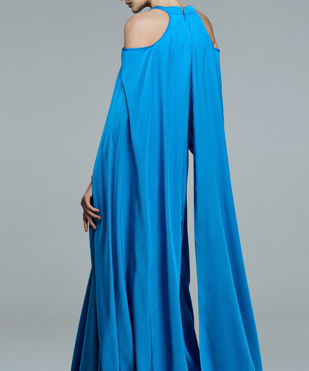 Bright Blue Halter Cold Shoulder Cape Satin Evening Gown