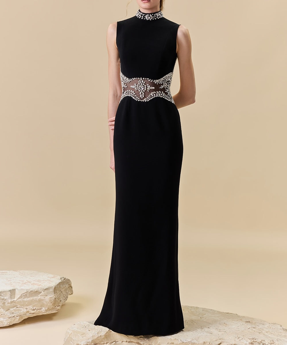 Black High Neck Crystal Beaded Open Back Mermaid Evening Gown