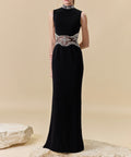 Black High Neck Crystal Beaded Open Back Mermaid Evening Gown