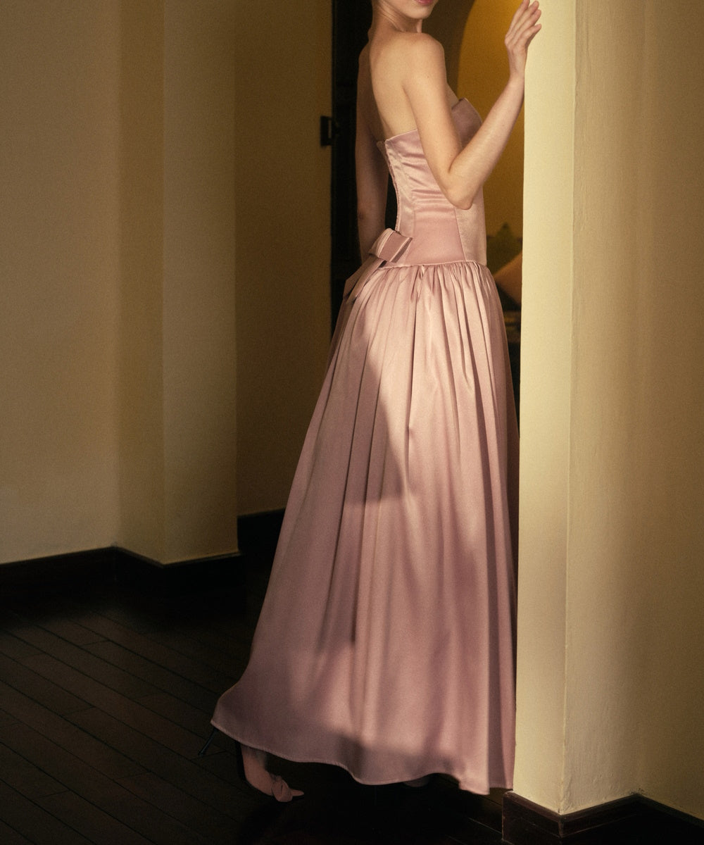 Strapless Dusty Pink Satin Corset Midi Evening Gown With Back Bow