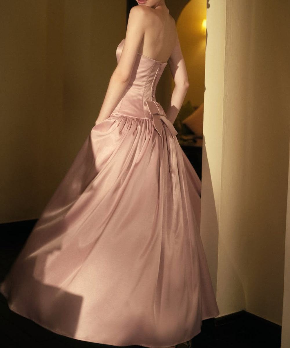 Strapless Dusty Pink Satin Corset Midi Evening Gown With Back Bow