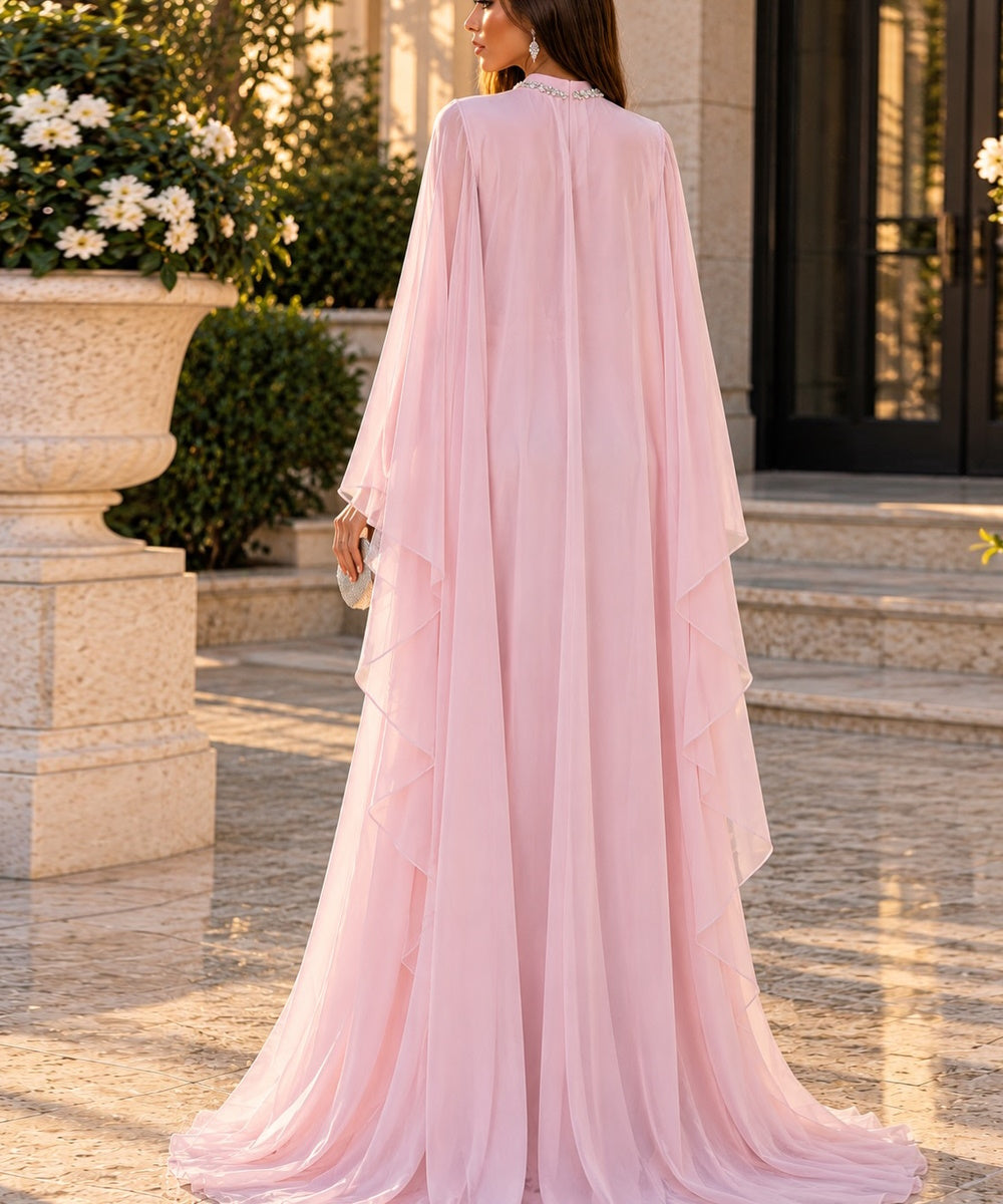 Light Pink Chiffon Cape Sleeve Mermaid Formal Evening Gown