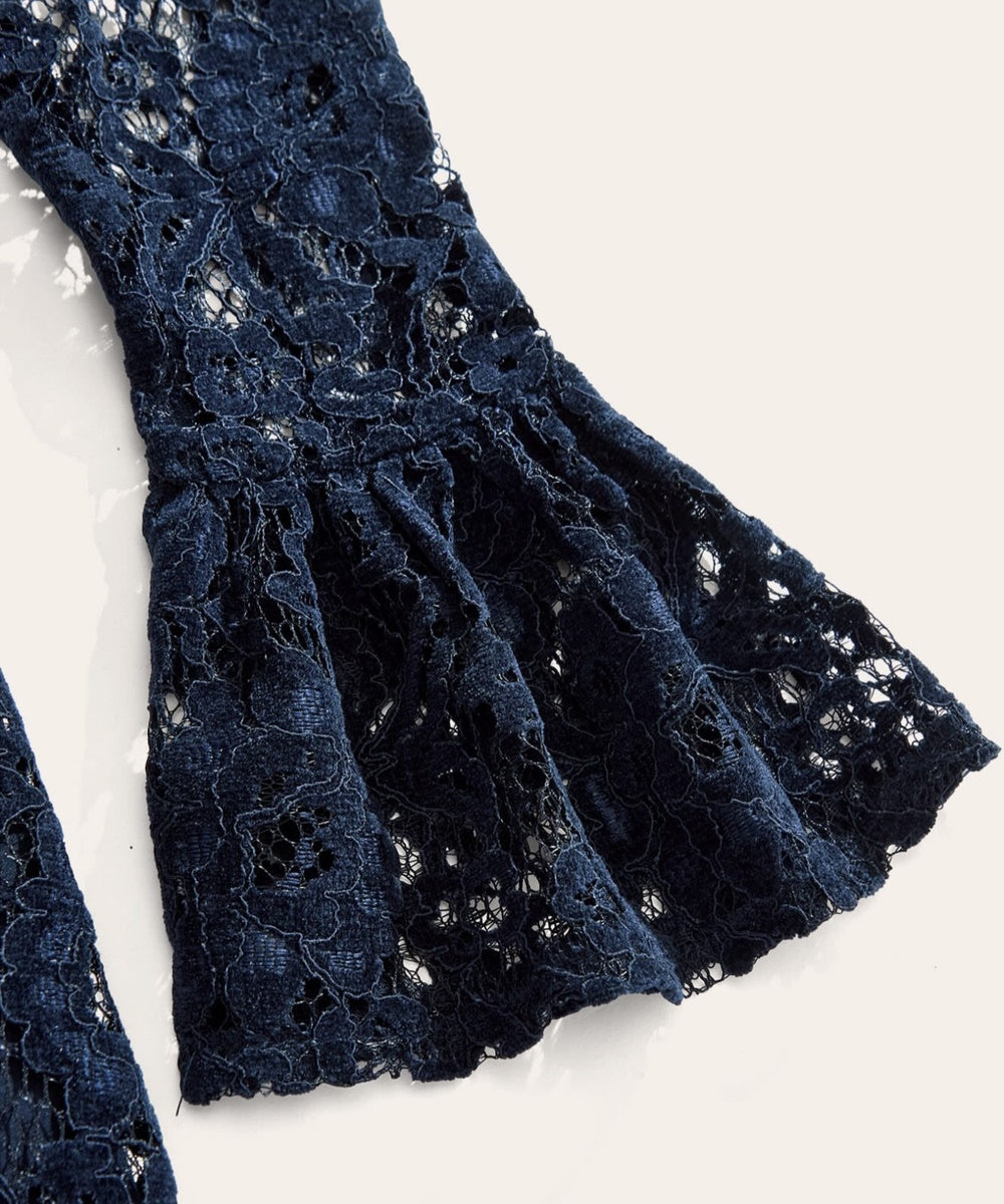 Navy Blue High Neck Lace Tiered Midi Dress With Flare Sleeves