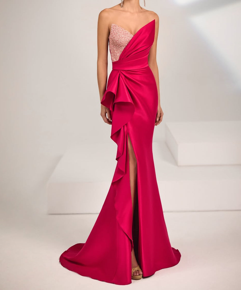 Strapless Beaded Bodice Fuchsia Satin Mermaid Evening Gown With Ruffle Slit Train