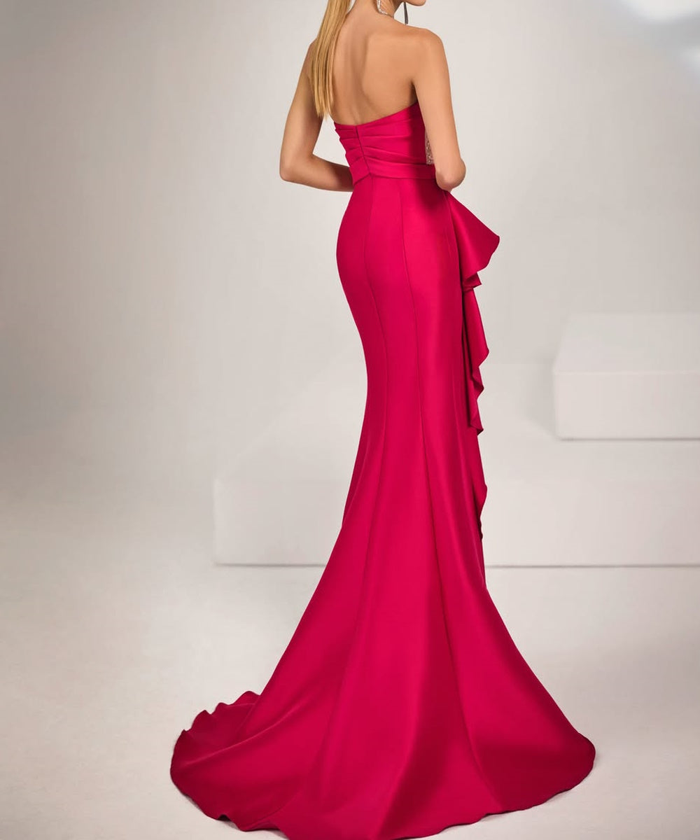 Strapless Beaded Bodice Fuchsia Satin Mermaid Evening Gown With Ruffle Slit Train