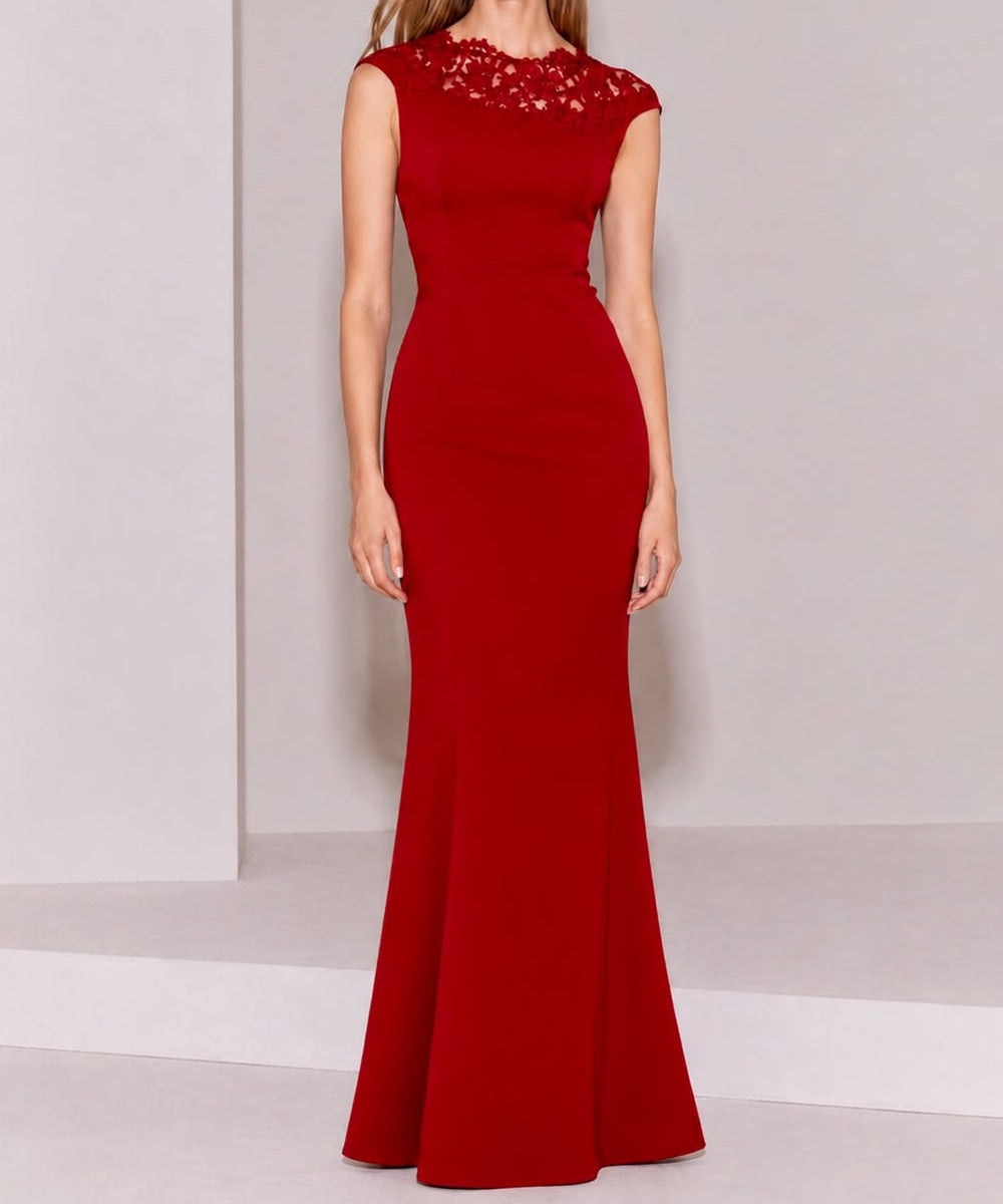 Red Cap Sleeve Lace Neck Mermaid Evening Gown