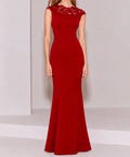 Red Cap Sleeve Lace Neck Mermaid Evening Gown