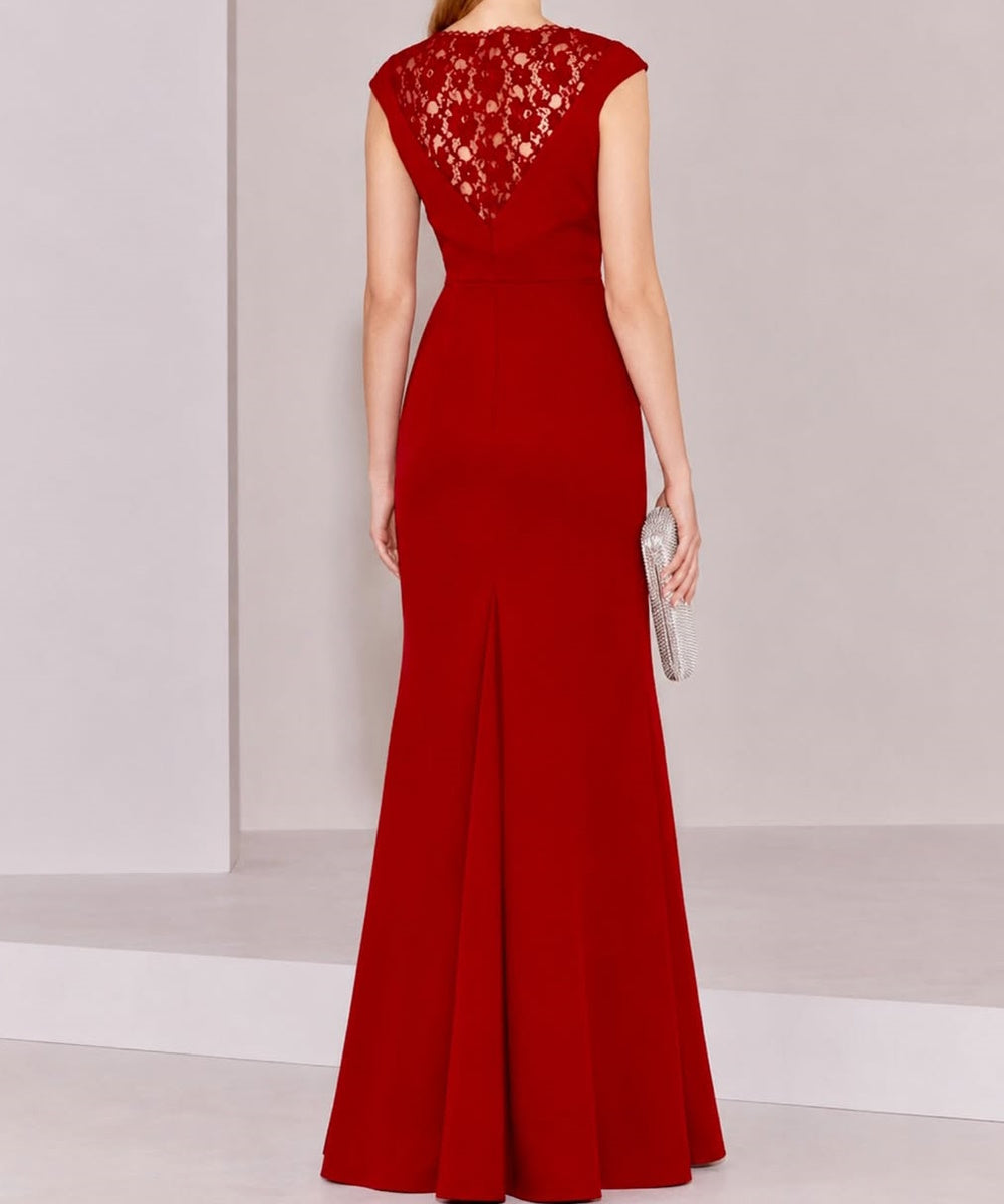 Red Cap Sleeve Lace Neck Mermaid Evening Gown