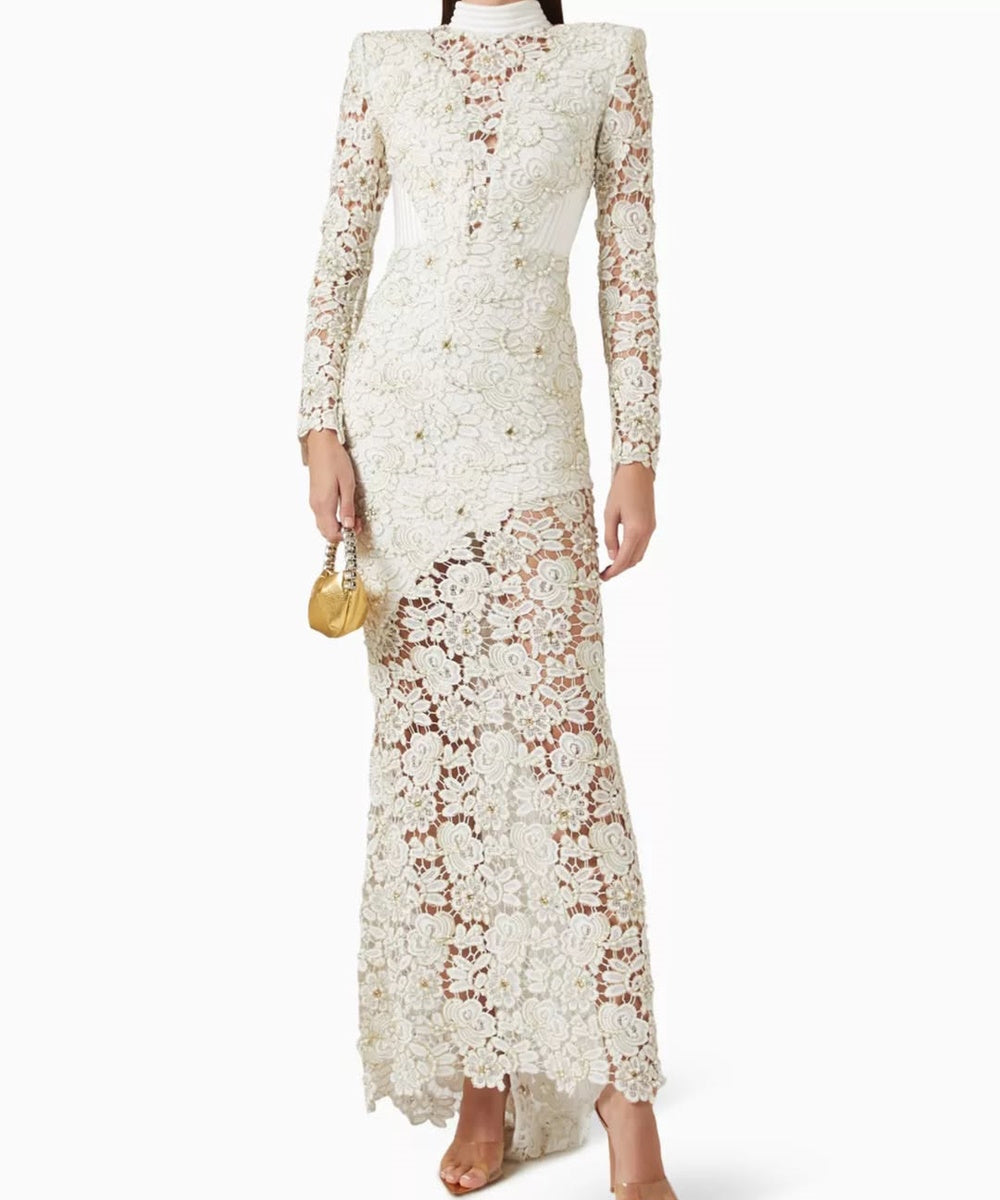 White Floral Lace Beaded Mermaid Maxi Evening Dress With Long Sleeves & Open Back