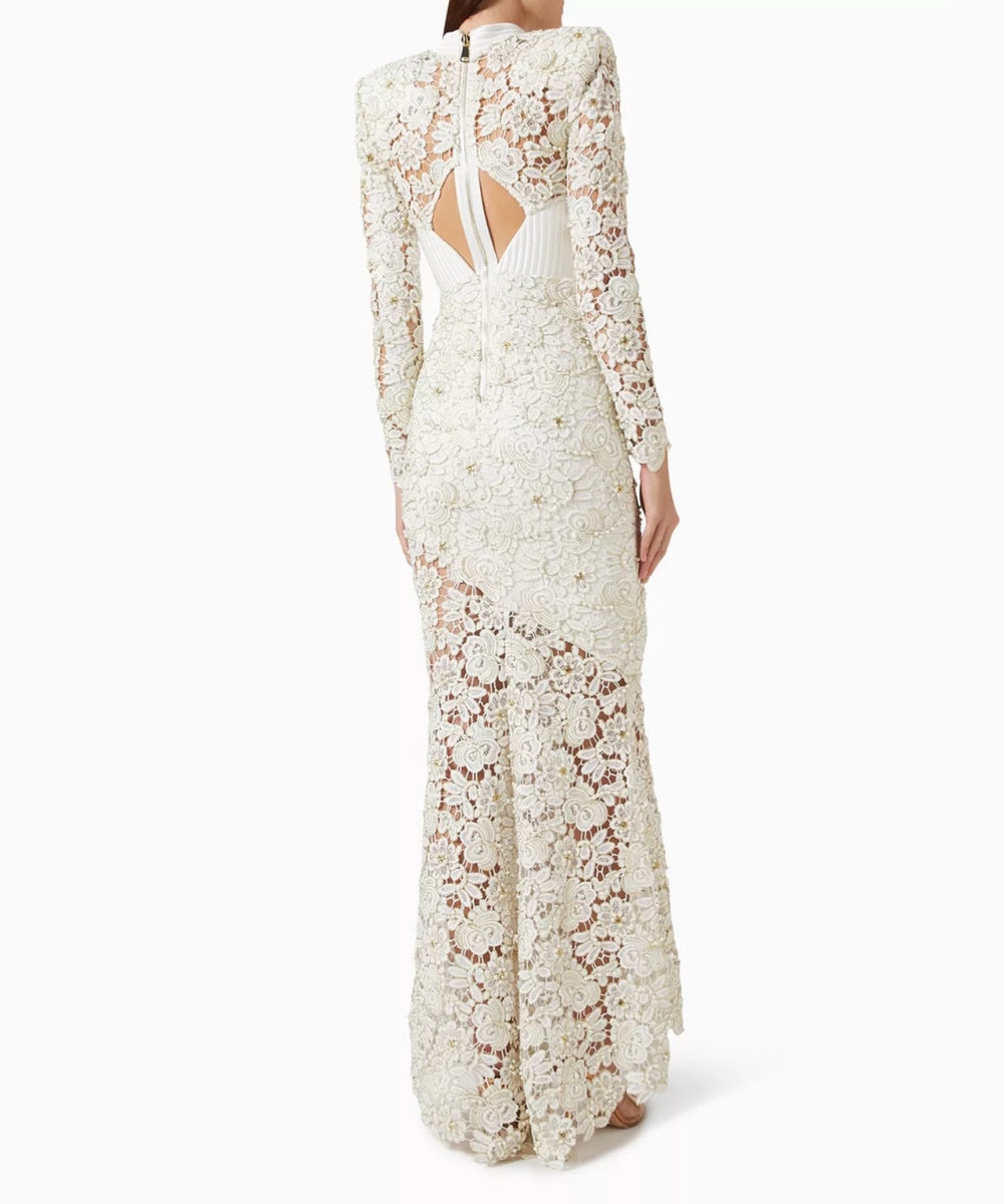 White Floral Lace Beaded Mermaid Maxi Evening Dress With Long Sleeves & Open Back