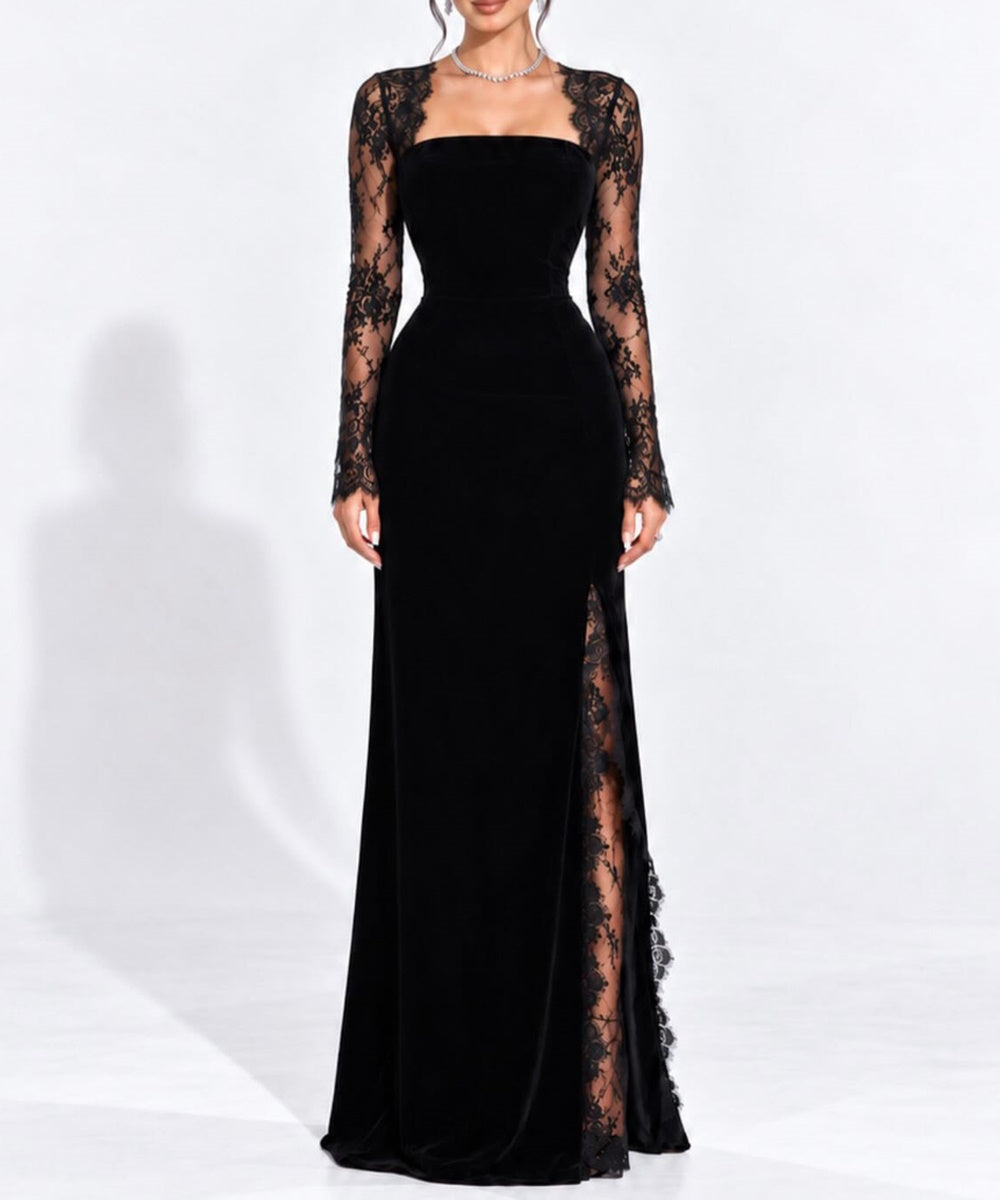 Black Velvet Mermaid Evening Gown With Floral Lace Long Sleeves And Side Slit