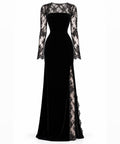 Black Velvet Mermaid Evening Gown With Floral Lace Long Sleeves And Side Slit