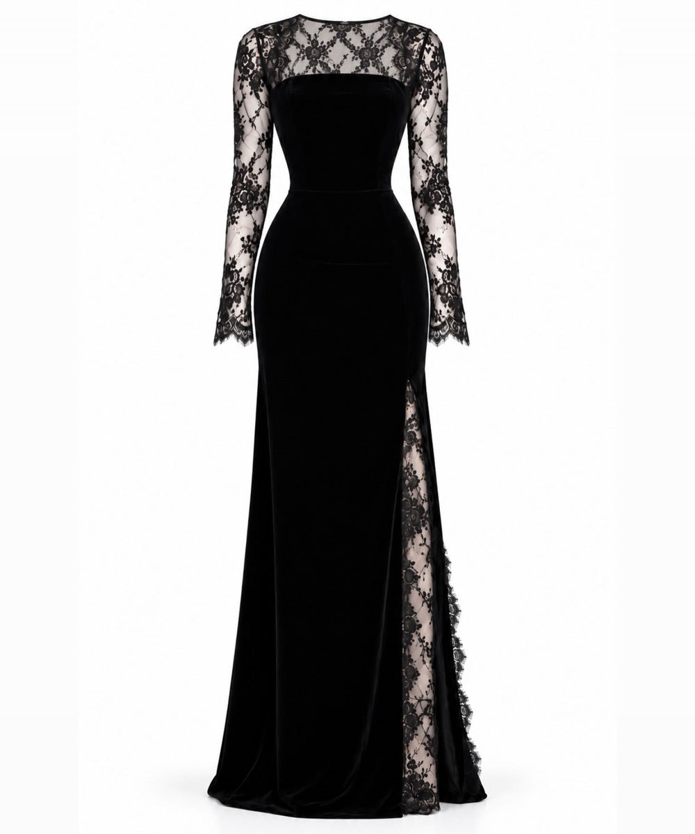 Black Velvet Mermaid Evening Gown With Floral Lace Long Sleeves And Side Slit