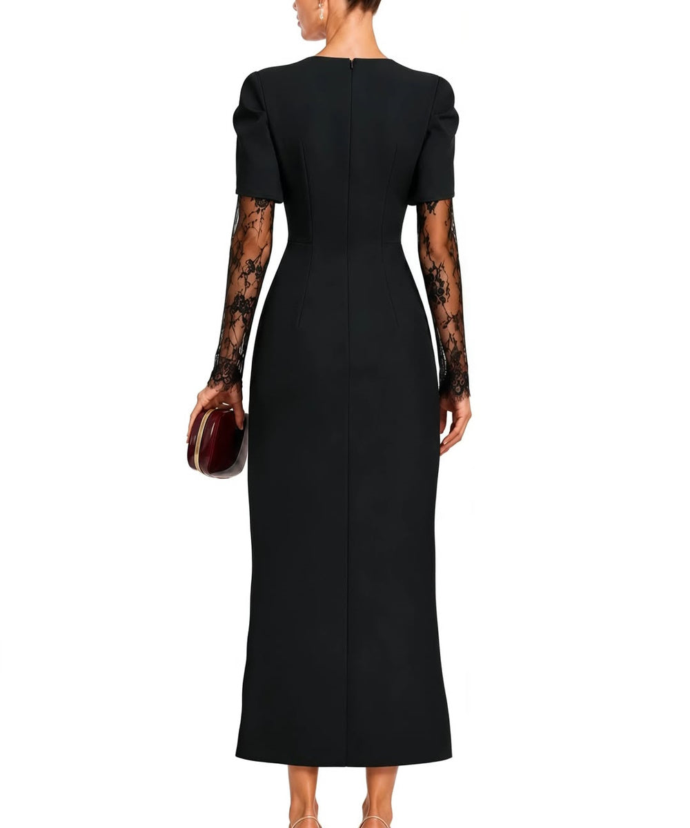 Black Lace Long Sleeve V-Neck Midi Formal Dress With Front Slit
