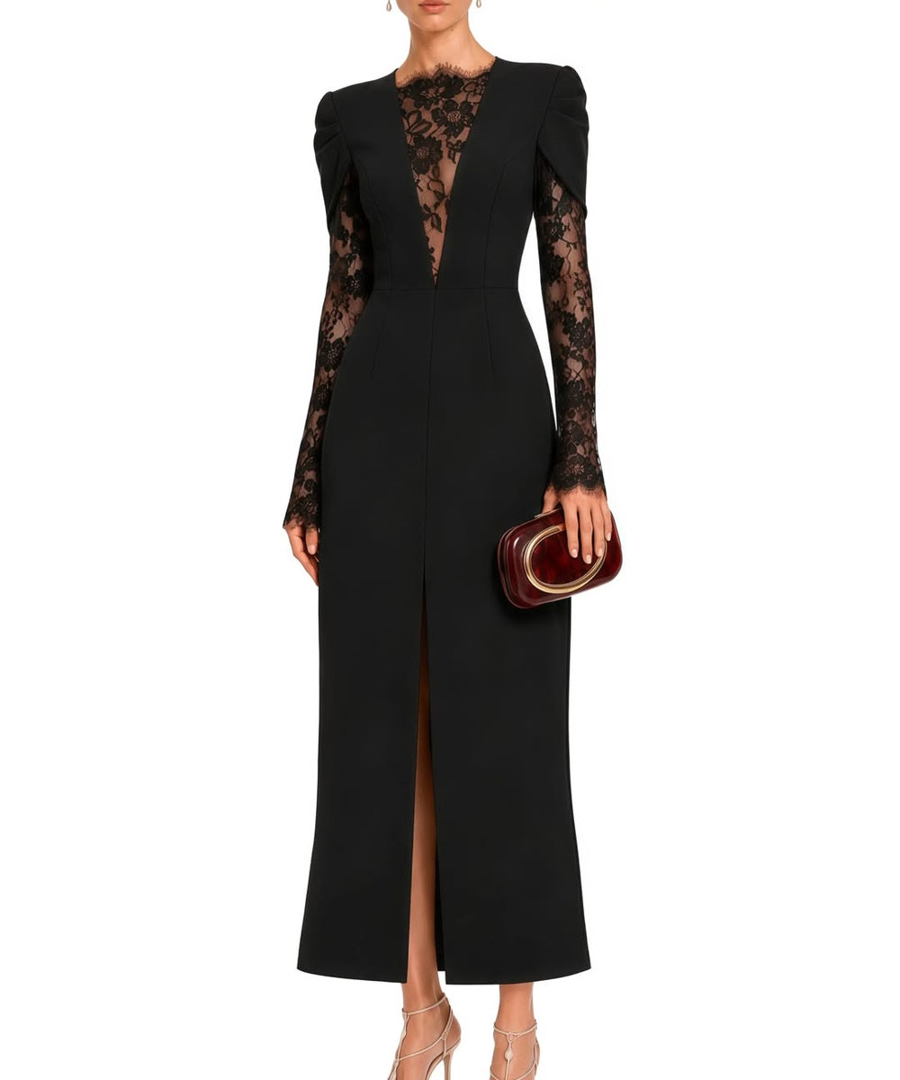 Black Lace Long Sleeve V-Neck Midi Formal Dress With Front Slit