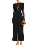 Black Lace Long Sleeve V-Neck Midi Formal Dress With Front Slit