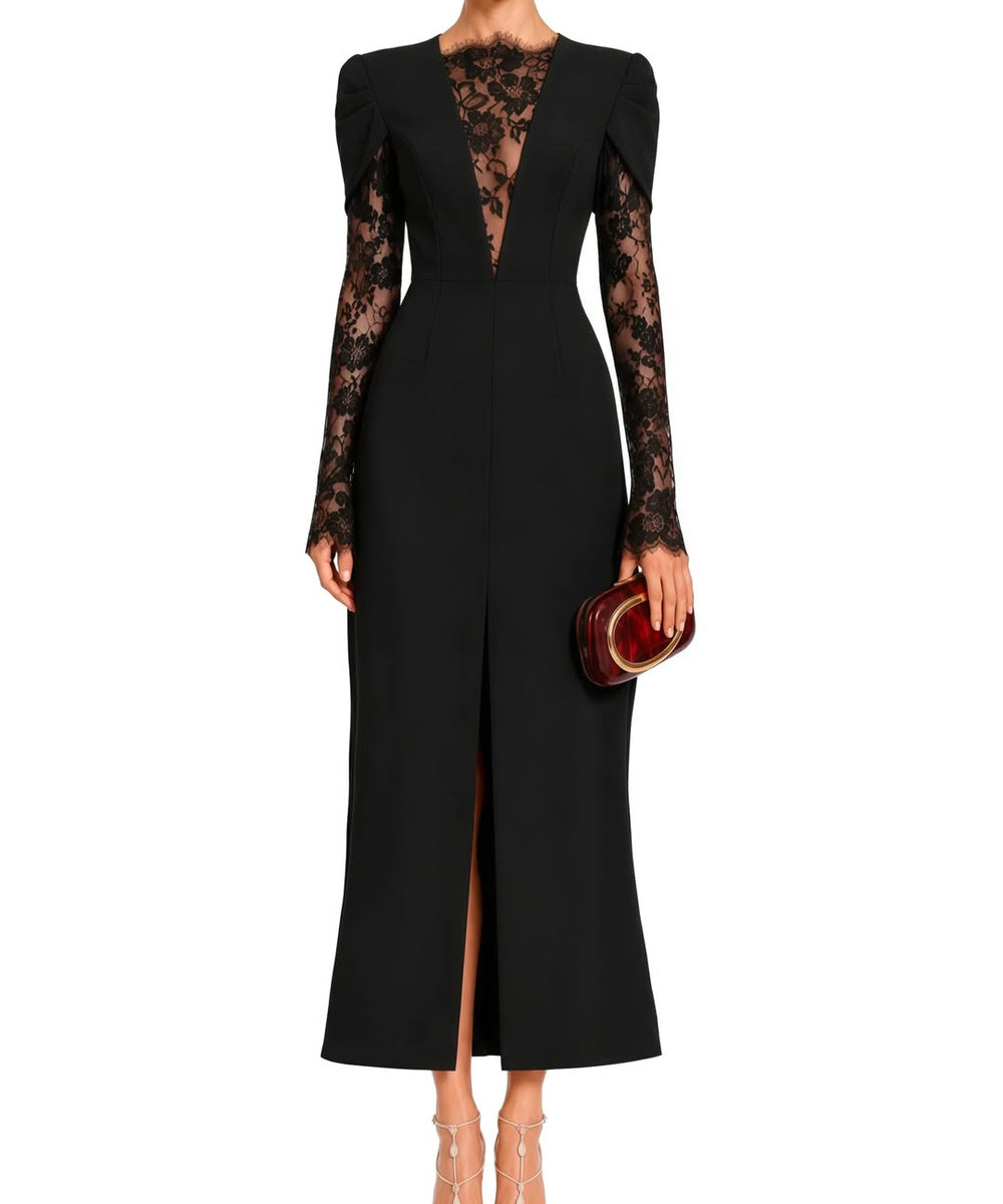 Black Lace Long Sleeve V-Neck Midi Formal Dress With Front Slit