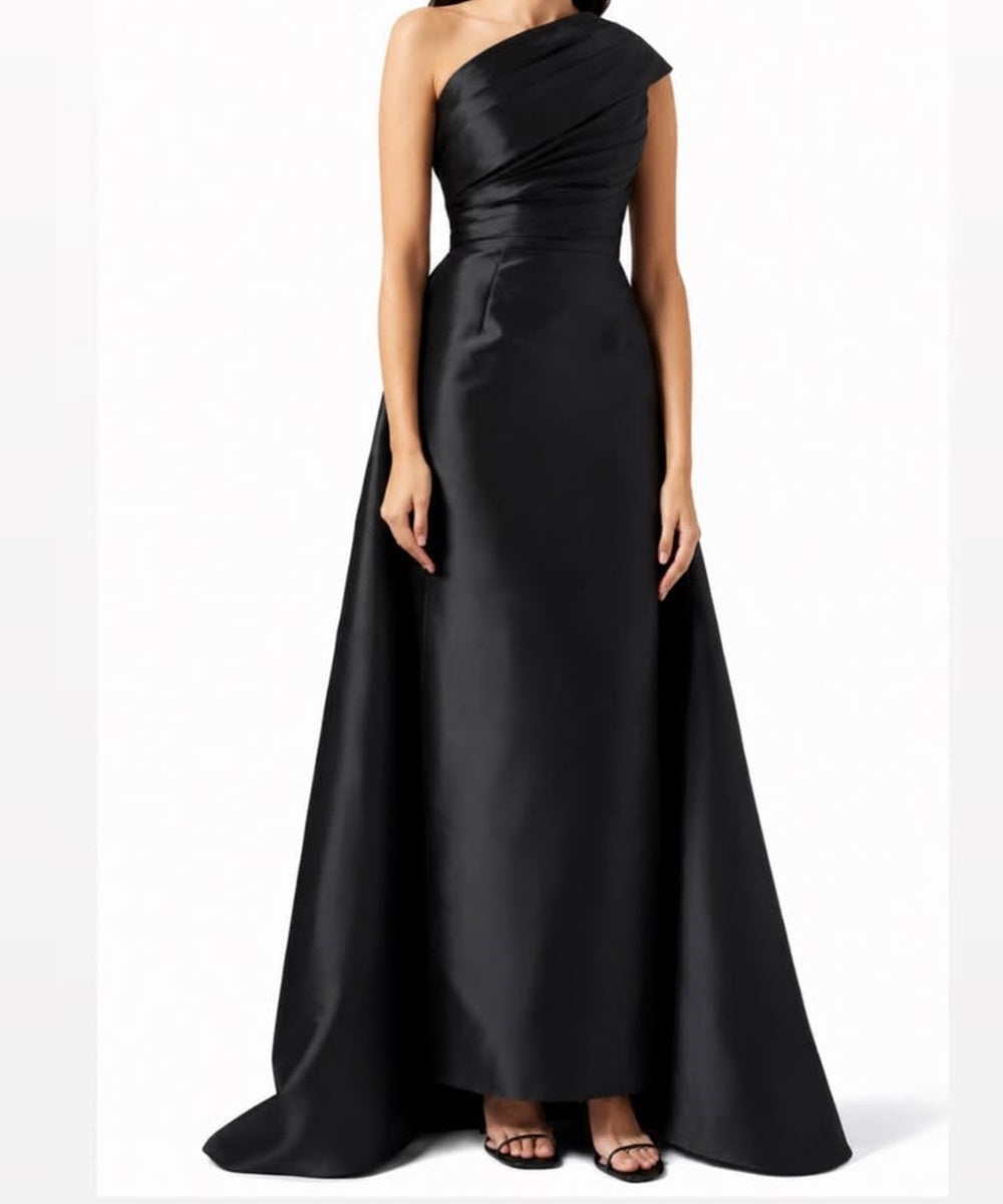 Black One Shoulder Satin A-Line Formal Evening Gown