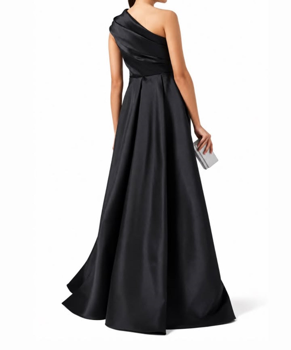 Black One Shoulder Satin A-Line Formal Evening Gown