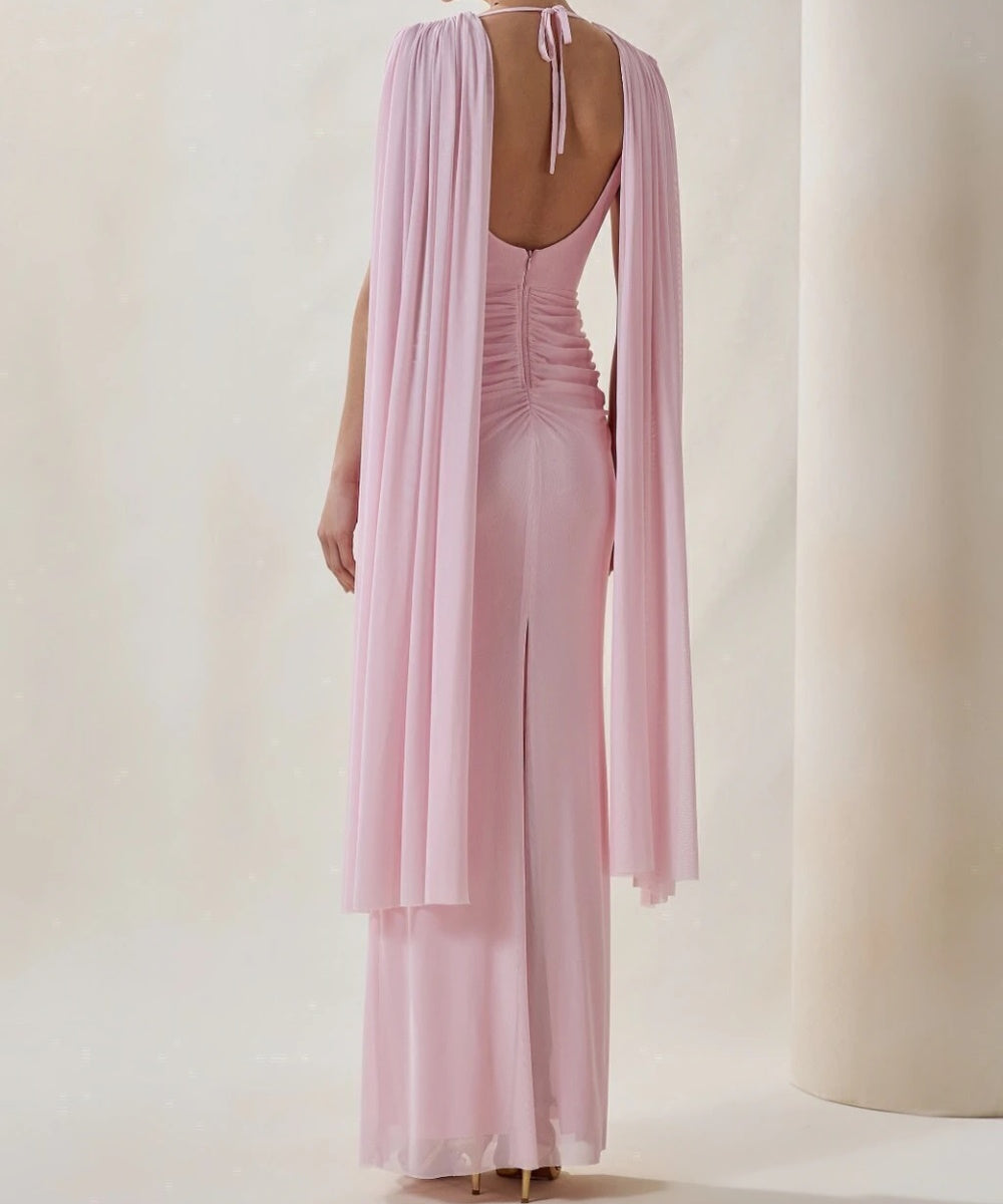 Draped Cowl Neck Pink Mesh Mermaid Evening Gown With Cape Sleeves