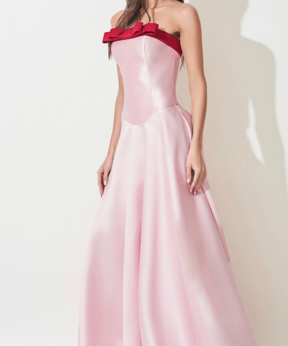 Strapless Pink Satin A-Line Evening Gown With Contrast Red Bow