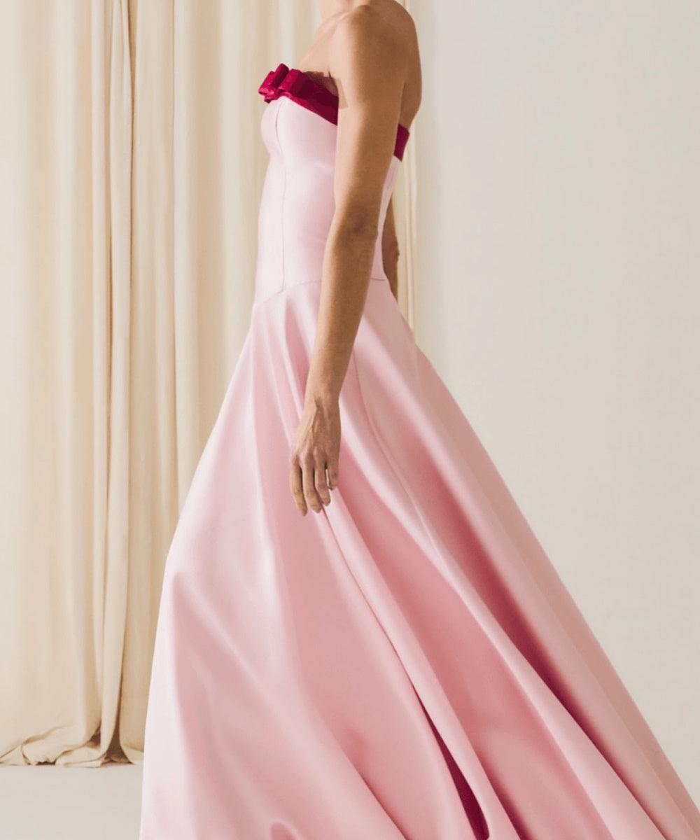 Strapless Pink Satin A-Line Evening Gown With Contrast Red Bow