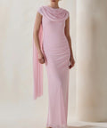 Draped Cowl Neck Pink Mesh Mermaid Evening Gown With Cape Sleeves