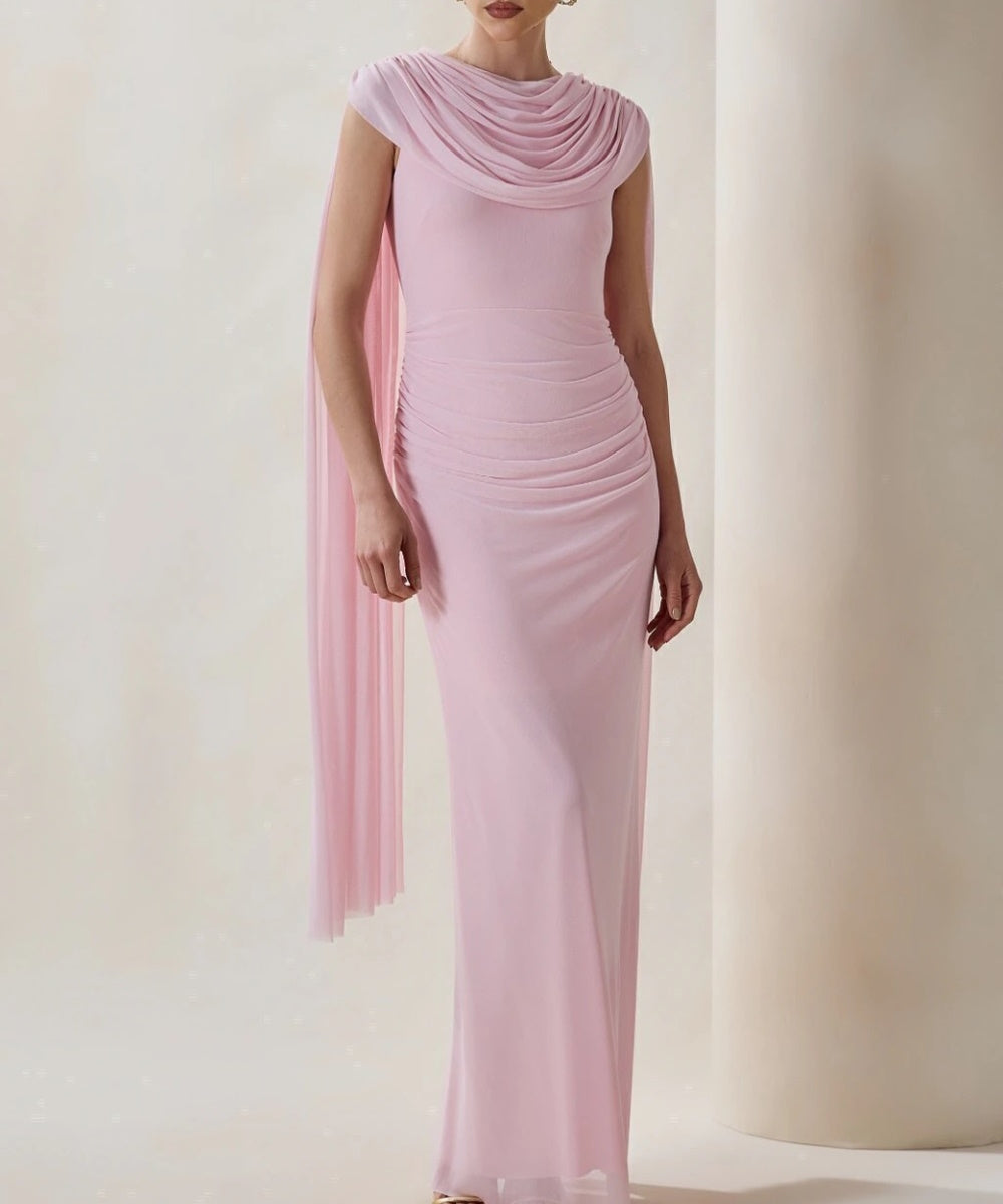 Draped Cowl Neck Pink Mesh Mermaid Evening Gown With Cape Sleeves