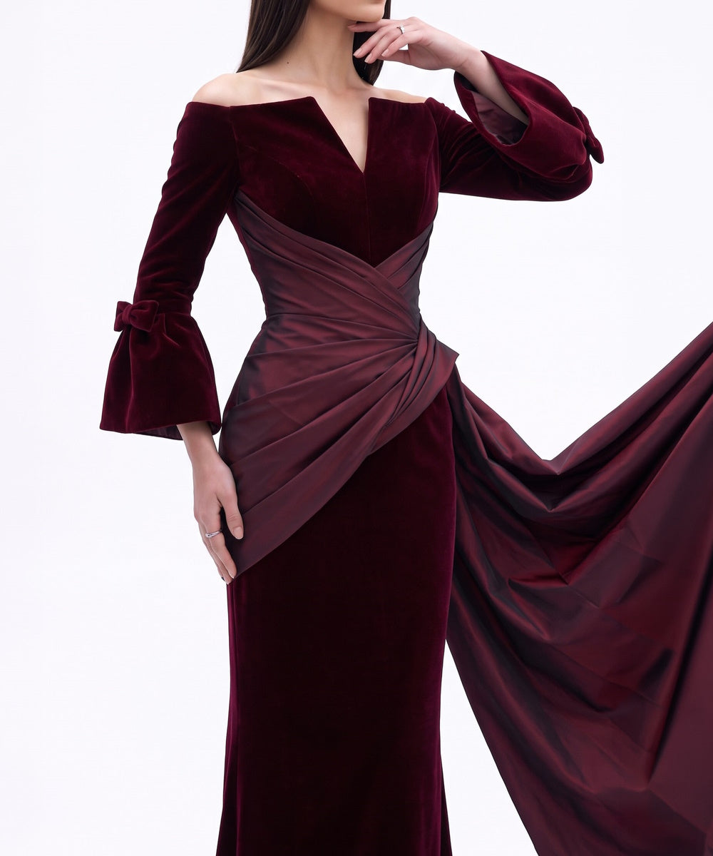 Burgundy Velvet Off Shoulder Mermaid Gown With Satin Draped Train