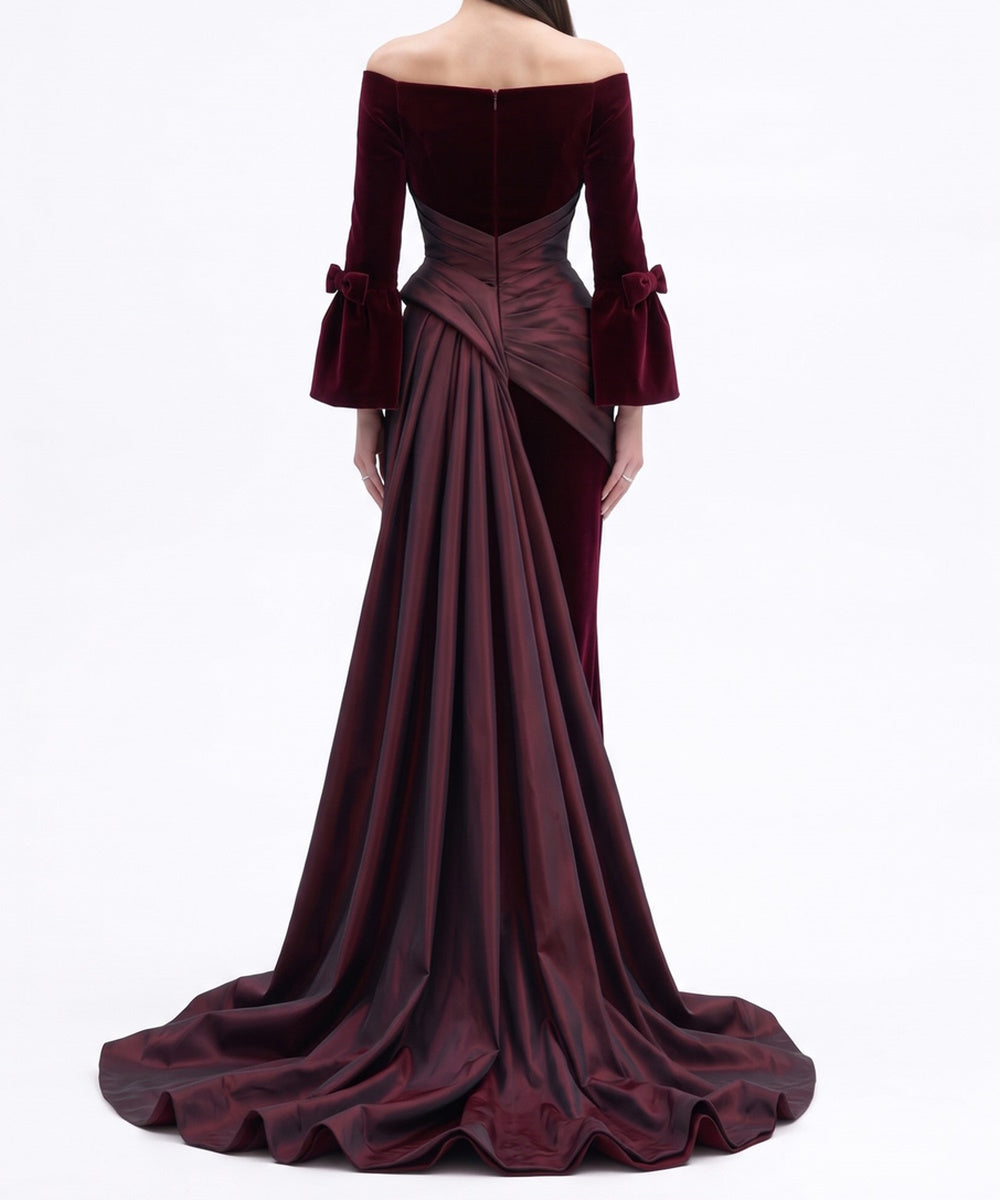 Burgundy Velvet Off Shoulder Mermaid Gown With Satin Draped Train