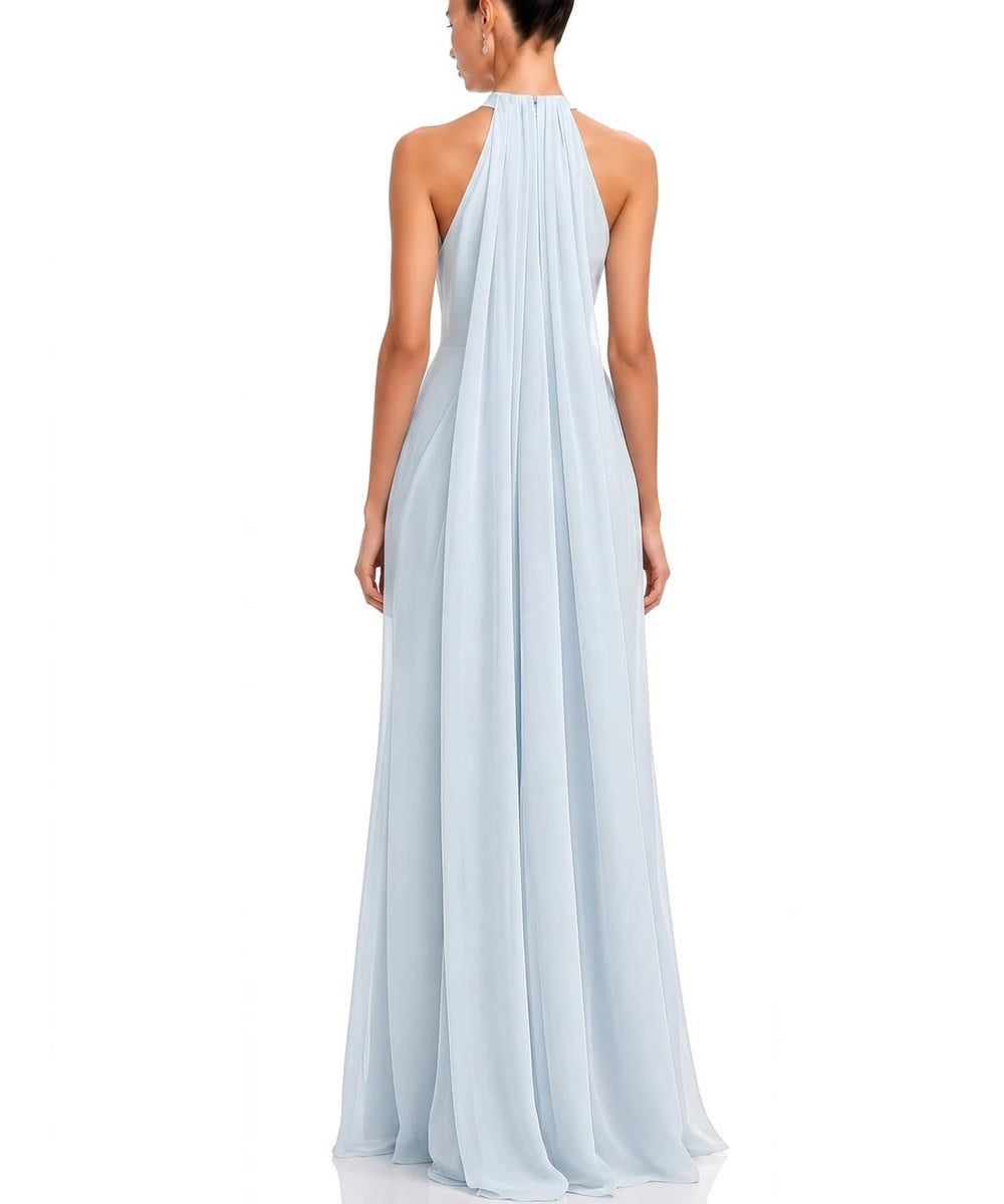 Light Blue Halter Chiffon Draped A-Line Evening Gown