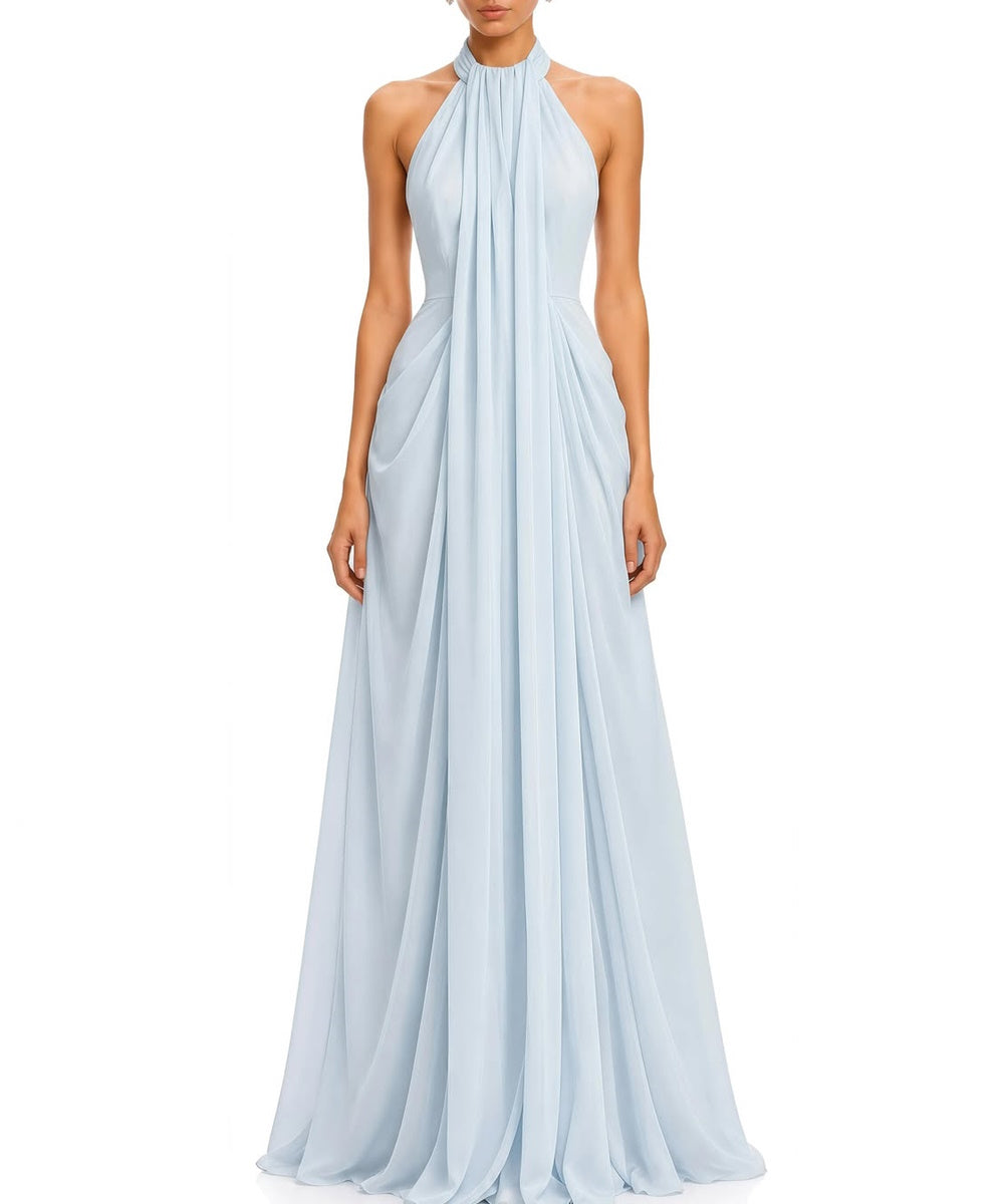 Light Blue Halter Chiffon Draped A-Line Evening Gown