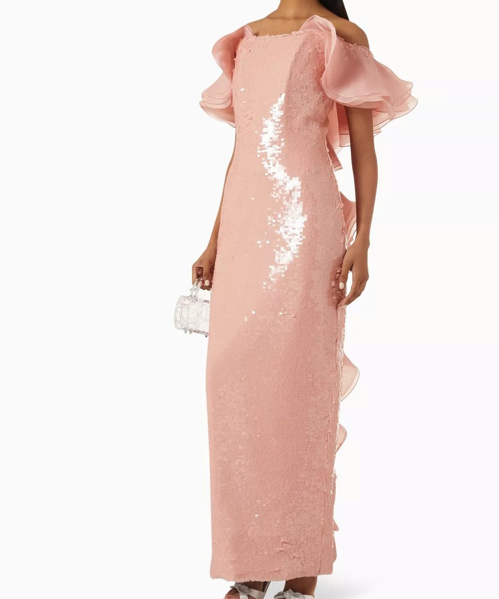 Blush Pink Off Shoulder Sequin Column Gown With Organza Ruffles