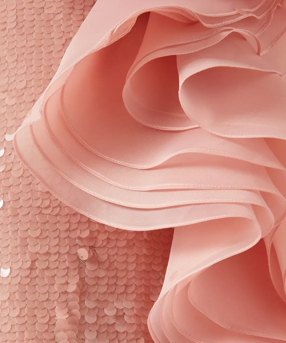 Blush Pink Off Shoulder Sequin Column Gown With Organza Ruffles