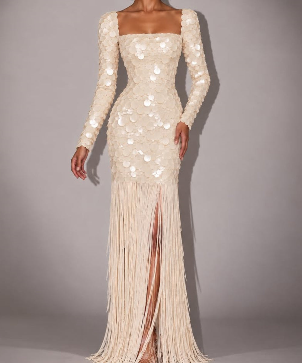 Cream Sequin Fringe Mermaid Long Sleeve Evening Gown
