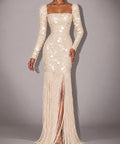 Cream Sequin Fringe Mermaid Long Sleeve Evening Gown