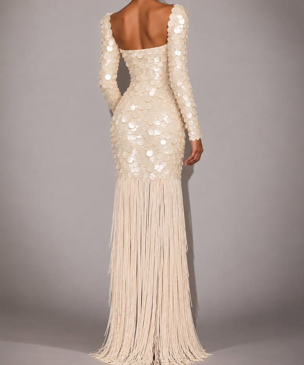 Cream Sequin Fringe Mermaid Long Sleeve Evening Gown
