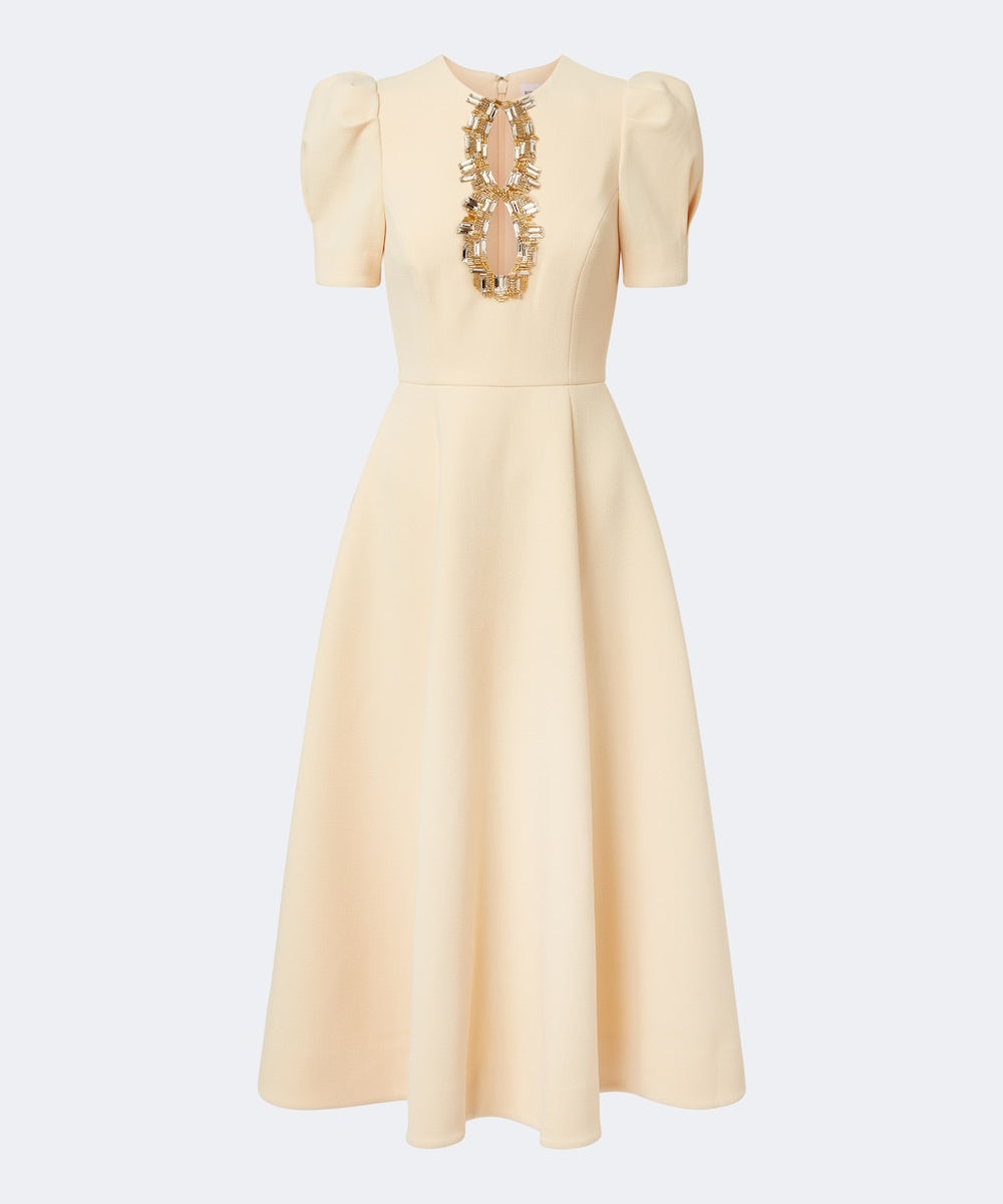 Cream Puff Sleeve Gold Crystal Keyhole Flared Midi Dress