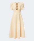 Cream Puff Sleeve Gold Crystal Keyhole Flared Midi Dress