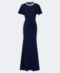 Navy Rhinestone Collar Flutter Sleeve Side Ruched Mermaid Maxi Gown