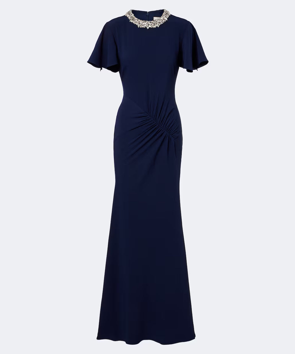 Navy Rhinestone Collar Flutter Sleeve Side Ruched Mermaid Maxi Gown