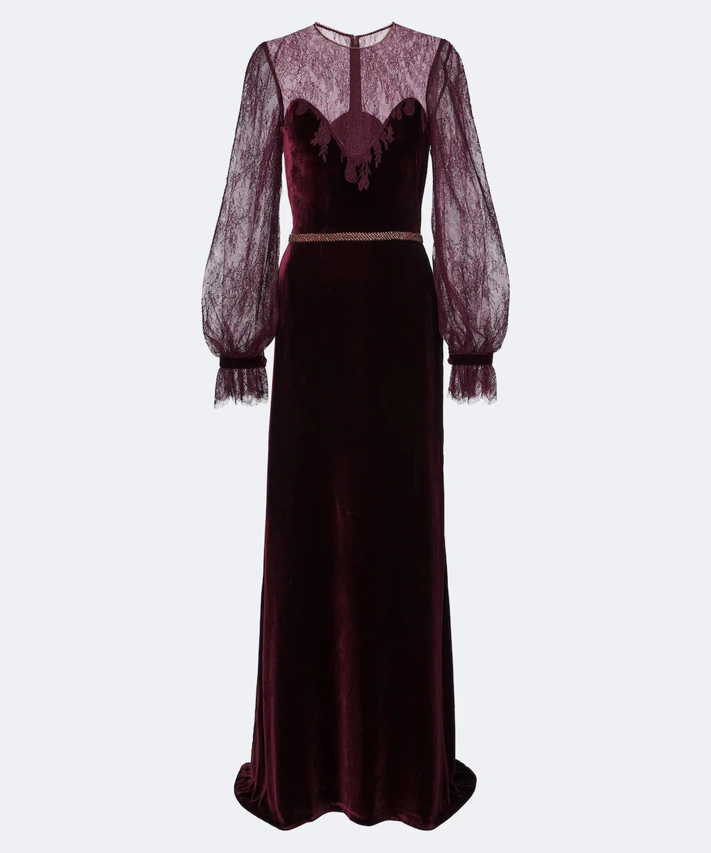 Burgundy Velvet Gown With Sheer Lace Puff Long Sleeves
