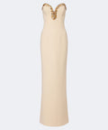 Champagne Strapless Gold Crystal Deep V Slit Column Evening Gown