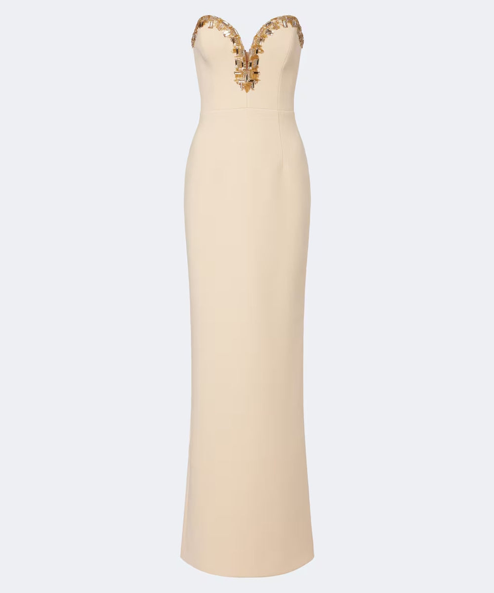 Champagne Strapless Gold Crystal Deep V Slit Column Evening Gown