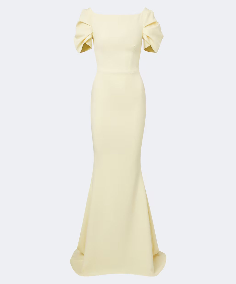 Pale Yellow Square Neck Puff Sleeve Mermaid Evening Gown