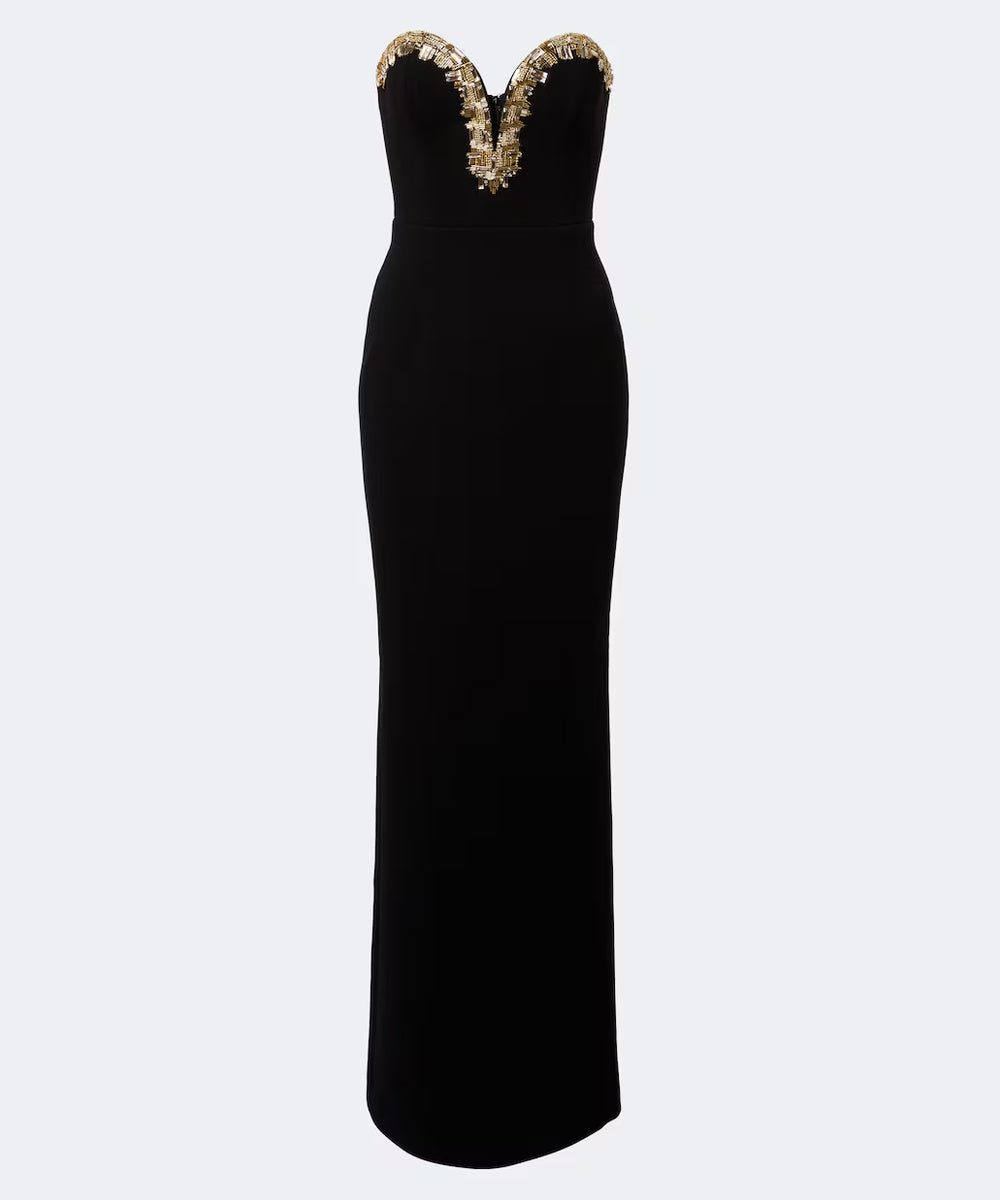 Strapless Gold Crystal Deep V Slit Column Black Evening Gown