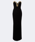 Strapless Gold Crystal Deep V Slit Column Black Evening Gown